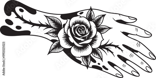Vintage vector illustration of a black lion tattoo drawing decorated with floral rose patterns and nature leaf sketches for an ornamental design