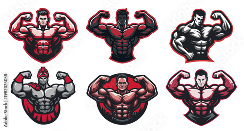 bodybuilder mascot set. Muscular male athlete showing arm strength, red man powerful body fitness gym strength training bodybuilding character logo emblem bold vector illustration