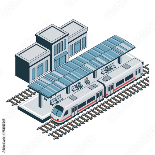 Isometric Train Station with Modern Train and Building.