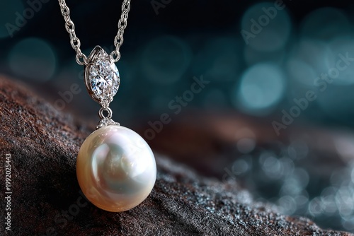 Luminous Gemstone: A close-up shot focuses on a delicate pendant featuring a lustrous, perfectly round pearl and a sparkling diamond.