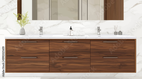 Modern bathroom vanity featuring a wood cabinet, white countertop, and marble backdrop