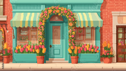 Flower shop facade. Turquoise boutique cartoon, brick city house flowerpot flowerbed pink yellow tulips summer street entrance vector illustration