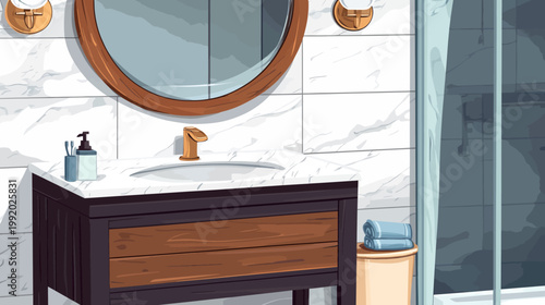 Cartoon illustration of a bathroom featuring a vanity with a sink, mirror, lighting and a shower
