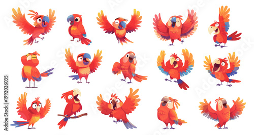 Parrots cartoon set. Red cheerful singing parrot, tropical animal bird feathers, funny cute mascot bright sticker design vector illustration