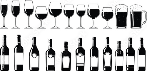 Black silhouette illustration of wine glasses, beer mugs, and liquor bottles, minimalist beverage collection design for bar and drink concepts