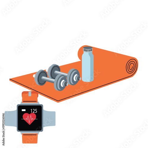 Dumbbells and a fitness tracker rest on a yoga mat to represent a healthy lifestyle and exercise habits.