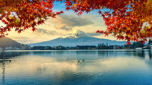 Fuji mountain and Kawaguchiko lake at sunrise, Japan.