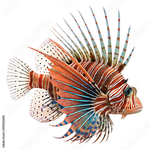A vibrant lionfish swimming in the ocean with its distinctive fins spread