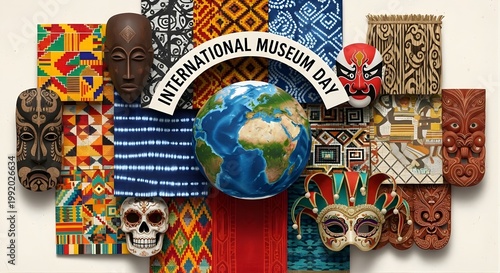 International Museum Day Cultural Diversity Poster with Global Traditions, Ethnic Patterns, Colorful Artistic Composition