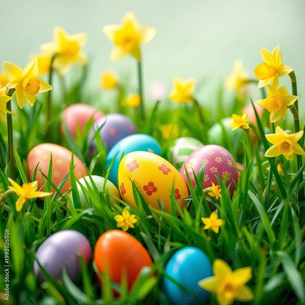Fototapeta premium A festive Easter egg hunt scene with colorful eggs hidden amongst lush green grass and blooming daffodils, representing fun and discovery, colorful eggs, flowers