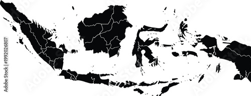 Indonesia, country map, black silhouette, geographic outline, regional boundaries