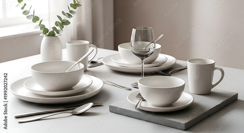 Fototapeta premium Elegant White Dinnerware Set with Wine Glass and Greenery, Table Setting