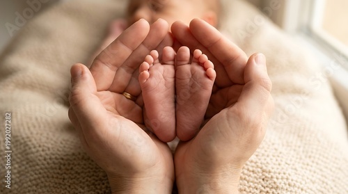 Newborn baby feet held in father hands, tiny infant toes in parent palms, gentle touch of fatherhood and family love, soft beige knitted background