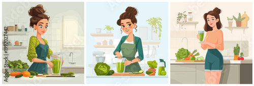 Woman preparing vegetables. Brunette girl in the kitchen, green dress apron cabbage carrots blender juice interior cooking vegetarian vegan healthy food vitamins Vector illustration