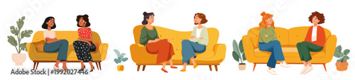Women discussing. Friends on a yellow sofa, woman girl friendship communication conversation interior character flat vector illustration