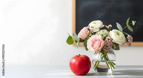 Teacher Appreciation Still Life with Apple and Fresh Flowers and Blackboard