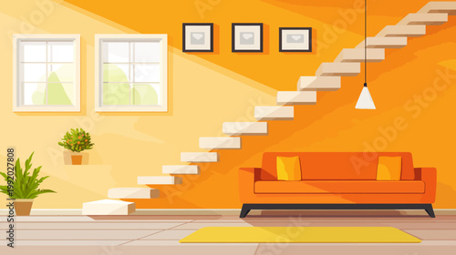Modern interior illustration with orange walls, staircase, sofa, plants, and pictures on the wall