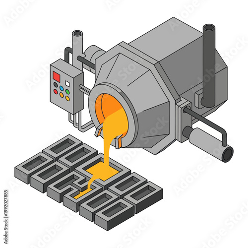 Molten Metal Pouring from Industrial Furnace into Molds.