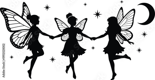 Magical black silhouette illustration of fairies dancing in circle under stars and crescent moon, fantasy whimsical celestial artistic design