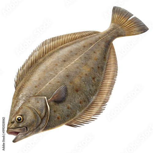 A large flatfish with distinctive fins and spots on its body swimming