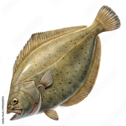 A large flatfish with a light brown color and darker spots swimming