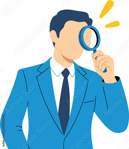Businessman in blue suit holding a magnifying glass, looking focused