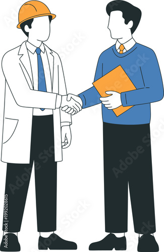 Two men in business attire exchanging yellow documents