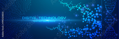 Digital technology DNA molecule background with blue circuit board and glowing medical science network banner for futuristic biotech design