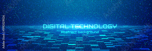 Blue digital data grid background with glowing pixel pattern and perspective floor, futuristic big data technology abstract banner