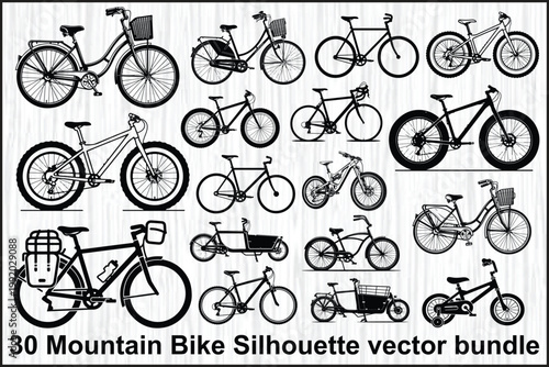 Mountain bike silhouettes, vector bicycles, 30 bike icons, cycling illustrations