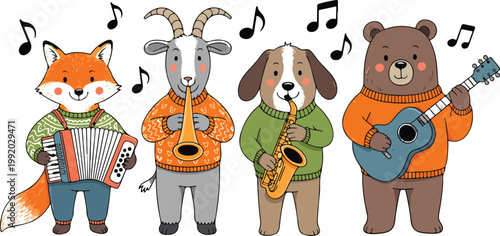 Cute Animal Music Band Line Art  Whimsical Instrument Playing Character Set