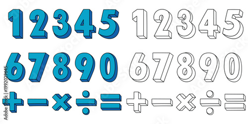 Hand-drawn cartoon and doodle set of numbers and mathematical symbols on a white background.