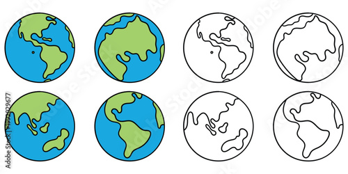 Hand-drawn cartoon and doodle set of planet earth on a white background.