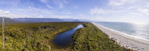 Aerial View, Beach and Coast View, moderate rainforest and lake, Southern Alps, Ship Creek, Haast, West Coast, New Zealand