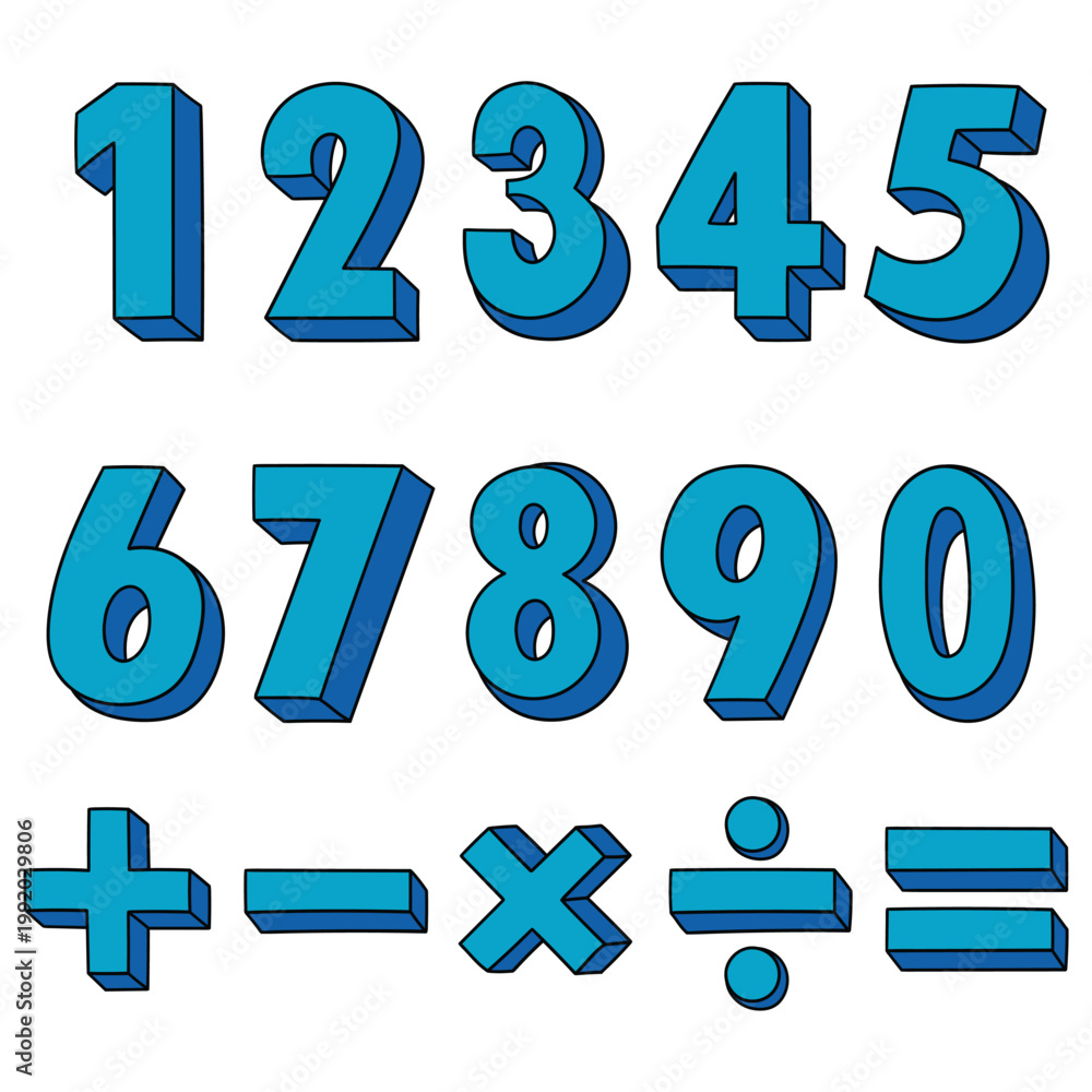 Fototapeta premium Hand-drawn cartoon set of blue numbers and mathematical symbols on a white background.