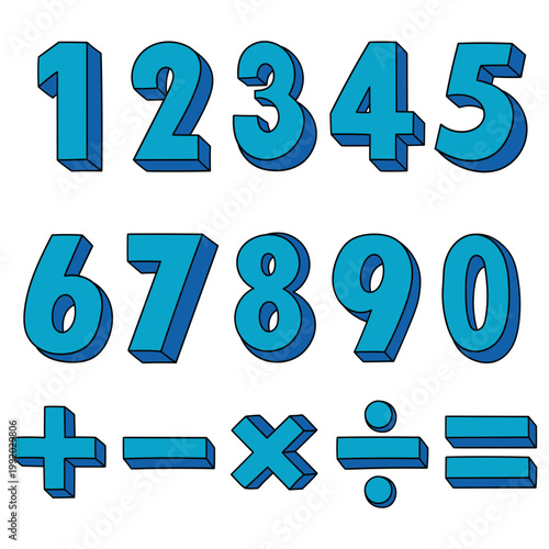 Hand-drawn cartoon set of blue numbers and mathematical symbols on a white background.