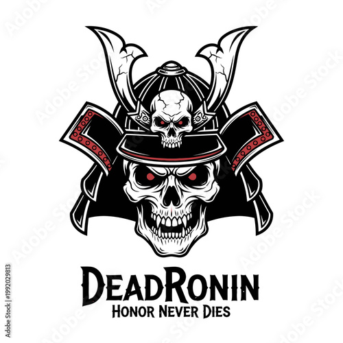 Skull wearing samurai helmet with horns.