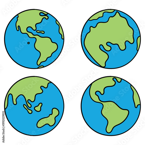 Hand-drawn cartoon set of planet earth on a white background.