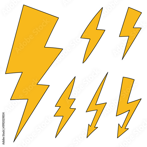 Hand-drawn cartoon set of yellow lightning bolts on a white background.