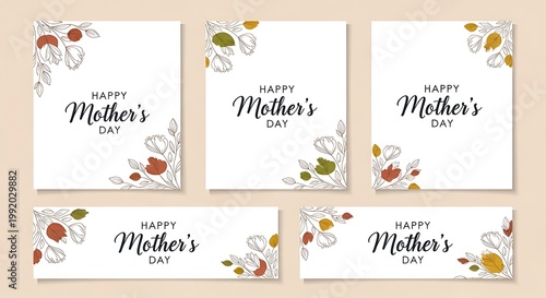 Elegant Mother's Day card collection with botanical line art, floral greeting card set for social media and print, minimalist flower illustrations