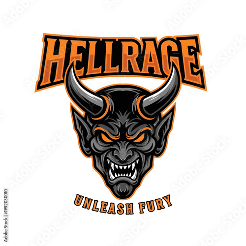 Devil head with horns and fangs.