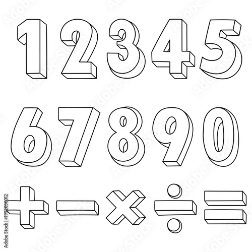 Hand-drawn doodle set of numbers and mathematical symbols on a white background.