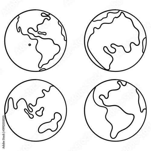 Hand-drawn doodle set of planet earth on a white background.