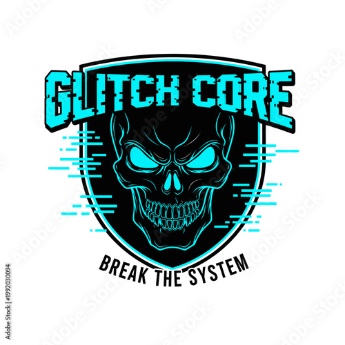 Glitch core skull logo design element.