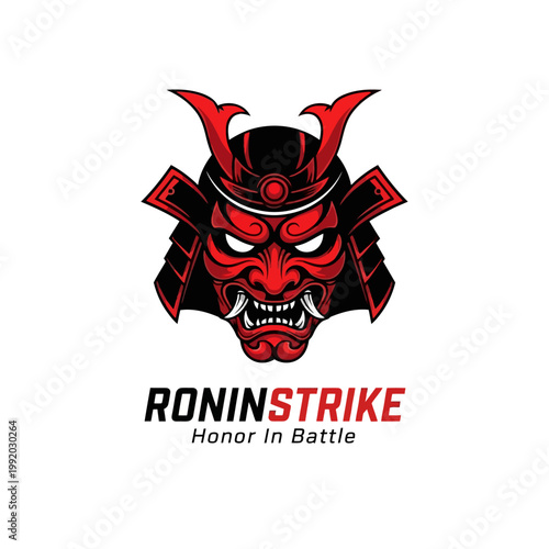 Red samurai demon face mask logo.