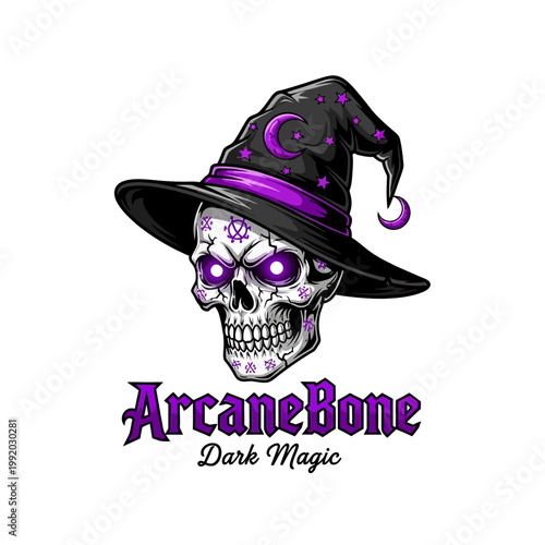 Purple Eyed Skull Wearing Witch Hat.