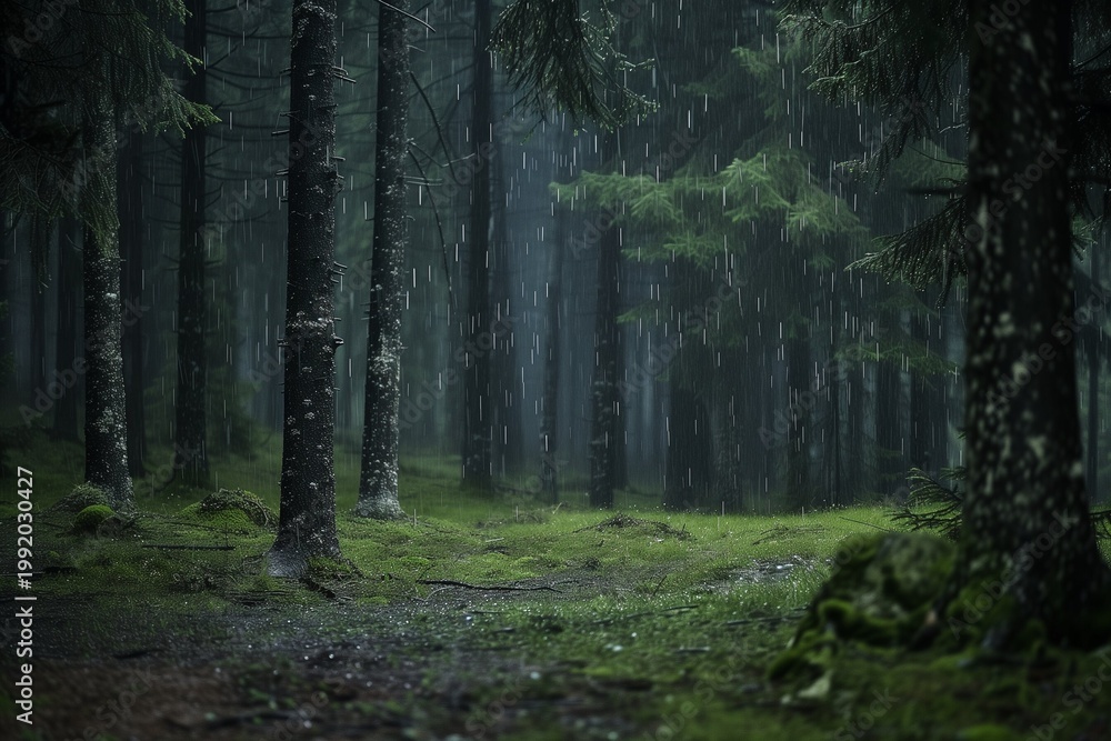 Obraz premium Rain falling lightly in quiet forest