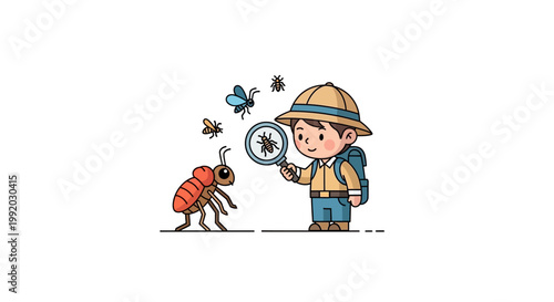 Boy Examines Insect with Magnifying Glass.