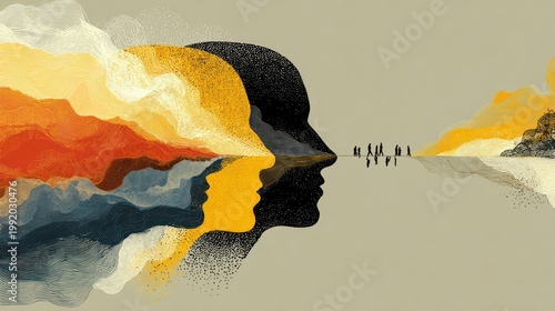 Silhouettes merging, facing reflection with layered colors and distant figures