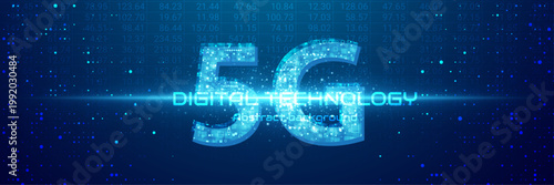 Glowing 5G digital technology background with blue particles and sparkles, high speed mobile network communication banner
